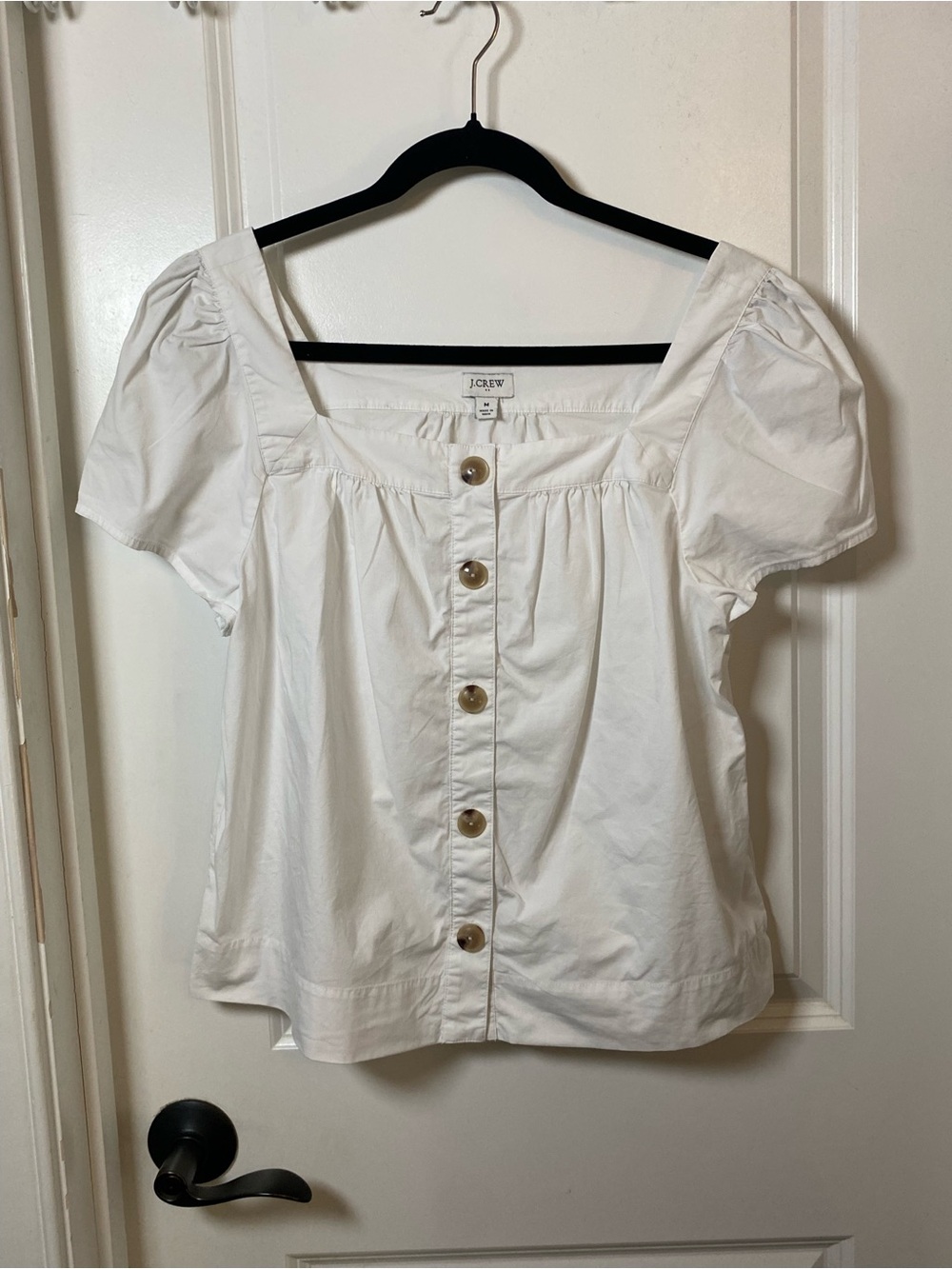 J. Crew White Button-Front Puff Square Neck Sleeve Top